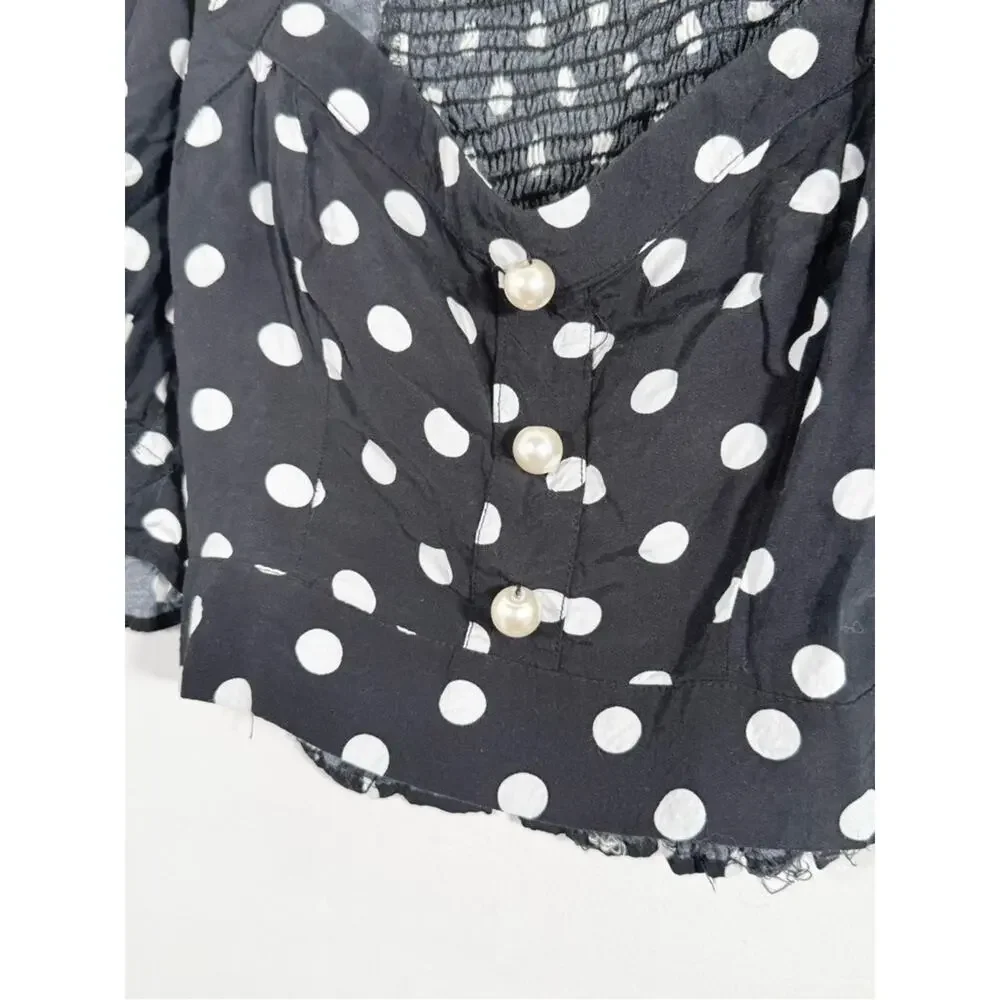Zara Black White Polka Dot Faux Pearl Button Puff Sleeve Smocked Crop Top Small